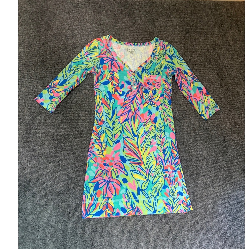 Lilly Pulitzer Pima Cotton Henley Dress‎ Multicolor Floral 3/4 Sleeve XS Small